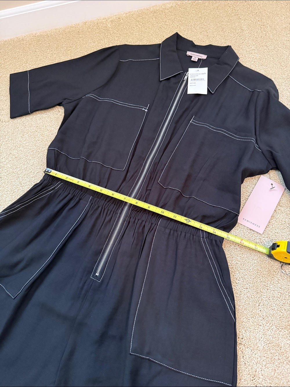 Black Short-Sleeve Zip Romper with Contrast Stitching - Picture 6 of 6